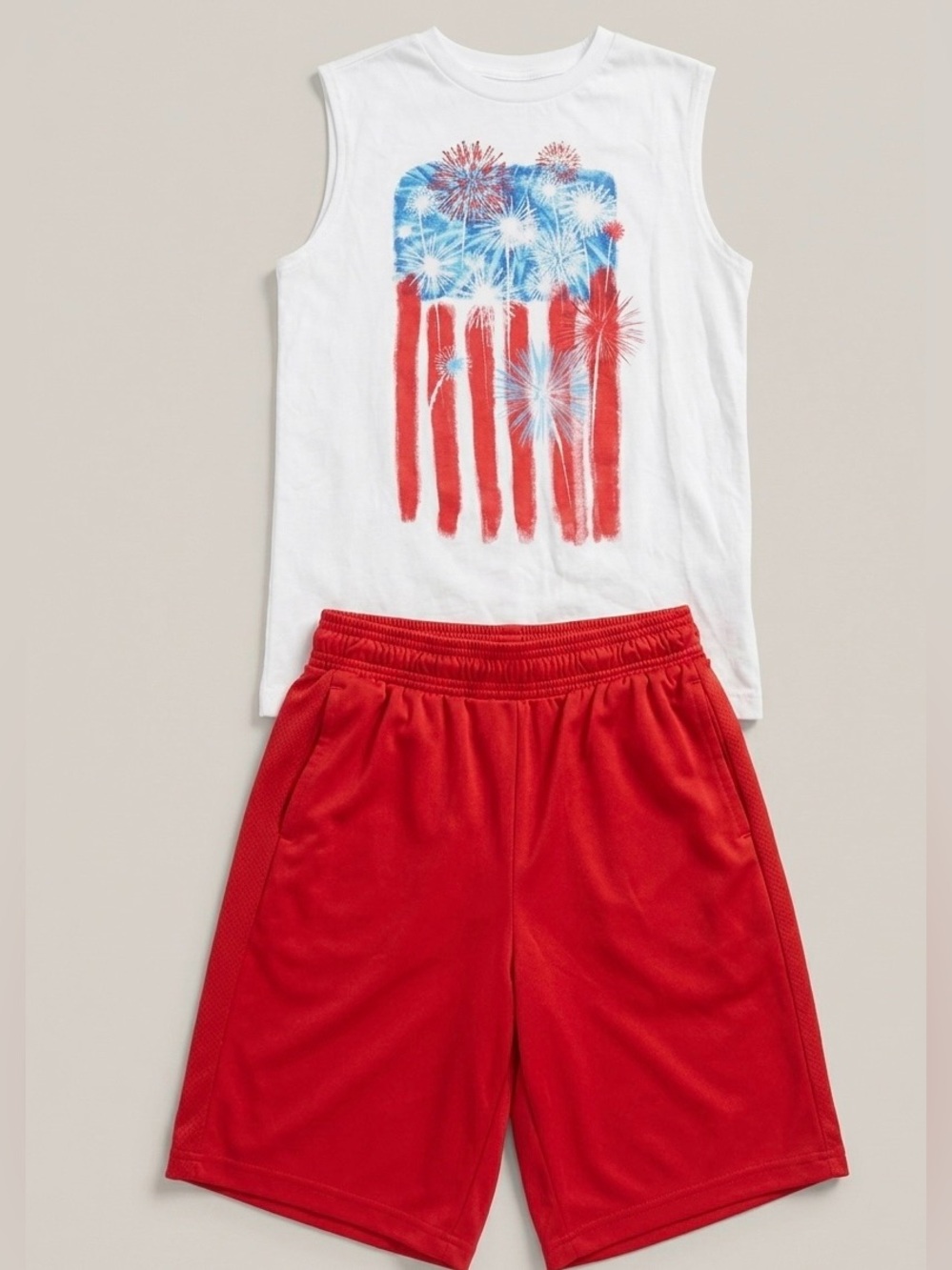 Sleeveless White Fireworks Flag Tank & Red Athletic Shorts Set